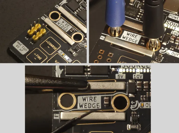 Header pins pressed into the 0.1 inch holes, banana plugs in the wire wedge holes, and a crocodile clip and a wedged wire on the wire wedge