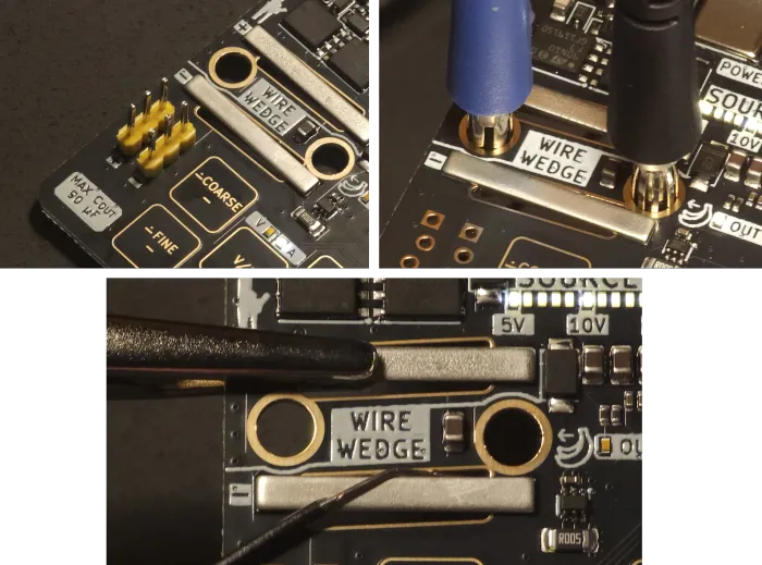 Header pins pressed into the 0.1 inch holes, banana plugs in the wire wedge holes, and a crocodile clip and a wedged wire on the wire wedge