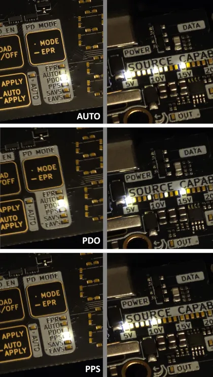 The PD mode lights and the capability bar in AUTO, PDO and PPS on the same charger, each lighting a different set of voltages