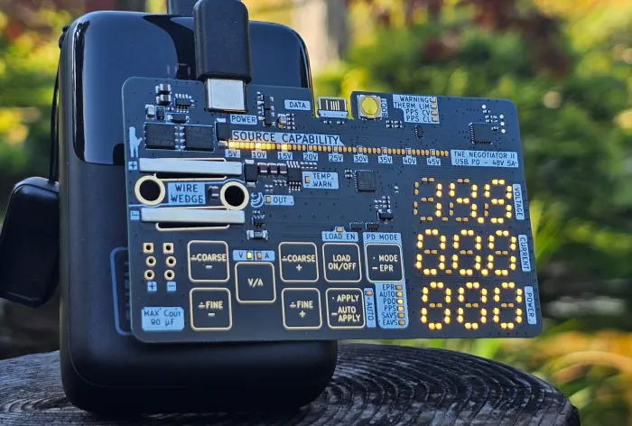 The Negotiator II on a power bank outdoors, its capability bar and voltage, current and power displays lit