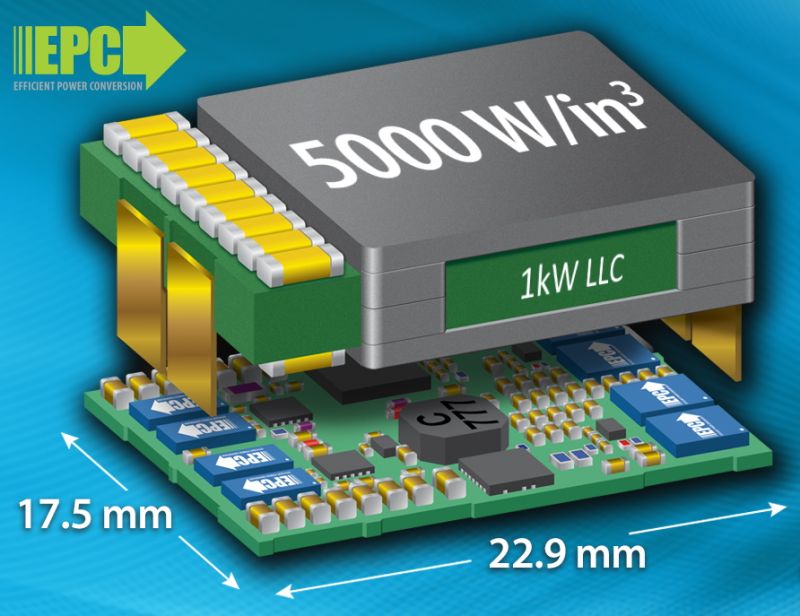 A small 1 kW GaN power converter shown beside its power-density claim